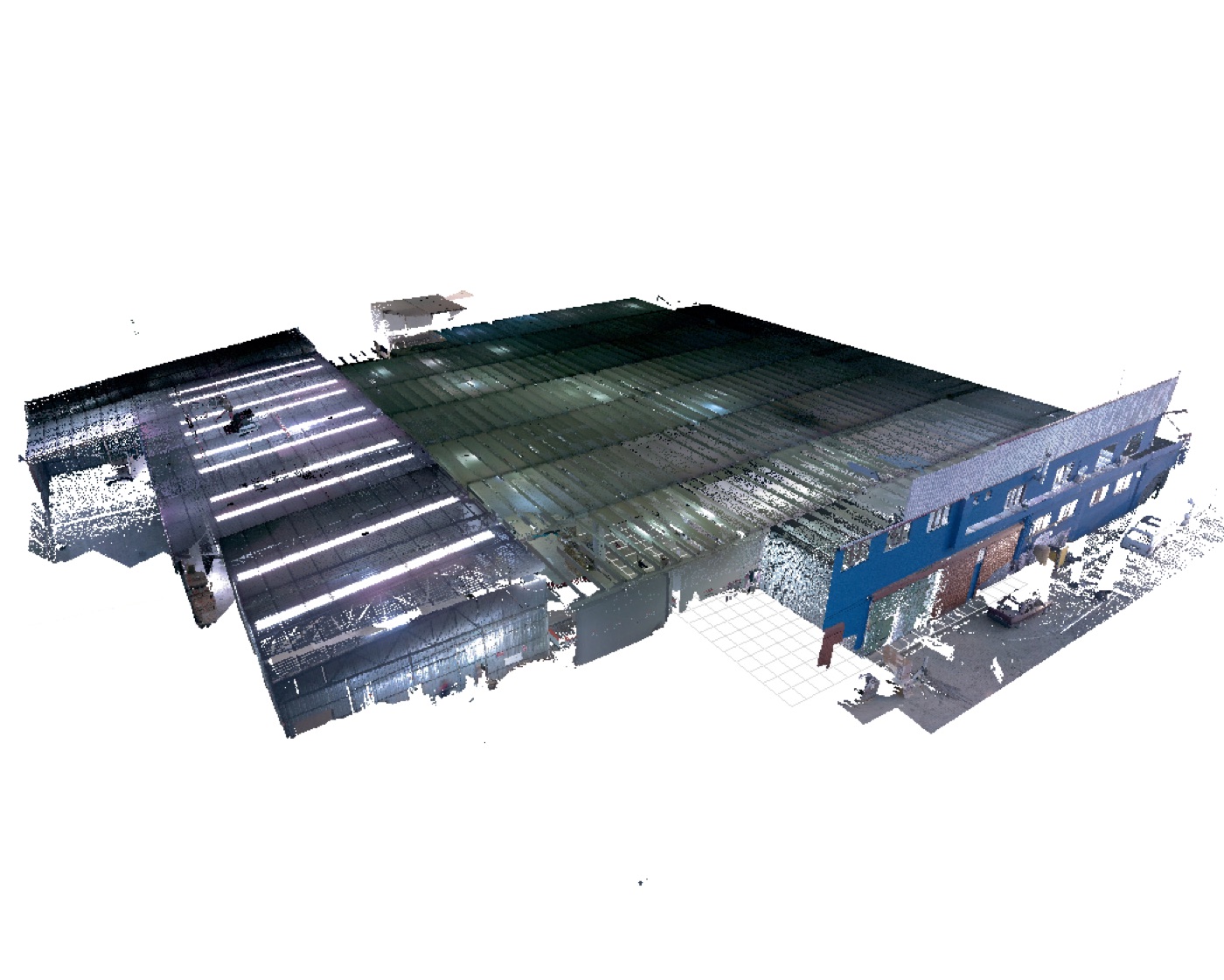 Registered point cloud of a warehouse building, aerial cutaway view